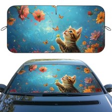 Car Window Sun Shield Colorful Flowers Butterfly Front 59"L x 31.5"W Cute Cat