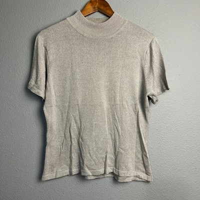 Casual Corner Top XL Silver Silk Blend Holiday Short SL Mock Neck Sparkle Knit