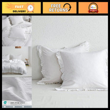 100 Linen Euro Sham Covers Set of 2, 26x26 Inch Ruffle Pillow Shams, Luxury Whi