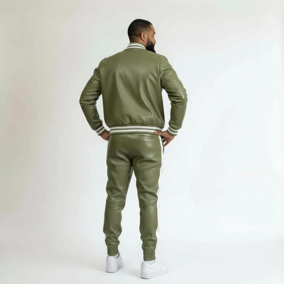 Conjunto de jogger de cuero de vaca verde oliva para hombre - Traje de chándal con rayas laterales blancas Foto 3 de 4