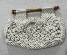 Vintage Macrame Crochet Clutch Purse Wood Handle 12x3x5in Some Aging Grannycore