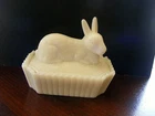 VTG Milk Glass Bunny On A Nest Rabbit Covered Dish Square Base