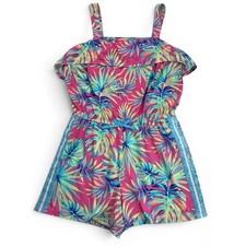 Wonder Nation Pink Tropical Palm Romper Kids Size L 10-12 Ruffle Glitter Stripe