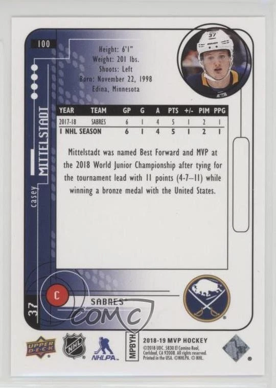2018-19 Upper Deck MVP Super Script /25 Casey Mittelstadt #100 Rookie RC - Image 2 of 2