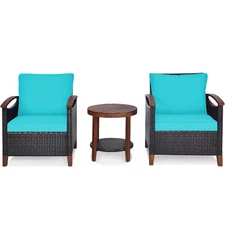 Patiojoy 3PCS Patio Rattan Furniture Set Wooden W/ Cushion & Table Shelf