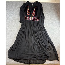 Free People Midi Dress Womens M Black Embroidered Floral Velvet Trim Side Slit