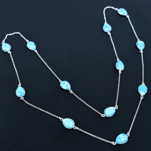 Larimar 925 Sterling Silver Pear Gemstone Handmade Jewelry Necklace 36" AAB 1030