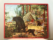 Vtg A. M. WALZER 11"x14" Inlay Jigsaw Puzzle Bears in Camp Vaughan Bass Complete