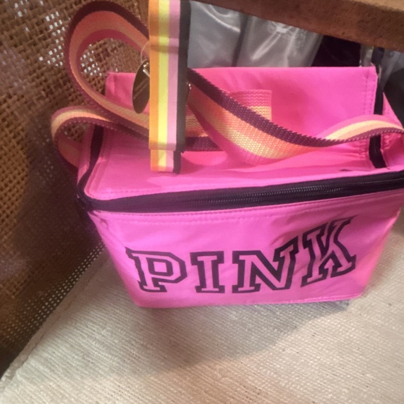 PINK Insulated Lunch Bag Pink Nylon Zip Lid Handle Striped Shoulder Strap