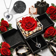 Forever Love Preserved Real Rose with Heart Necklace, Mothers Day Gifts for Mom,