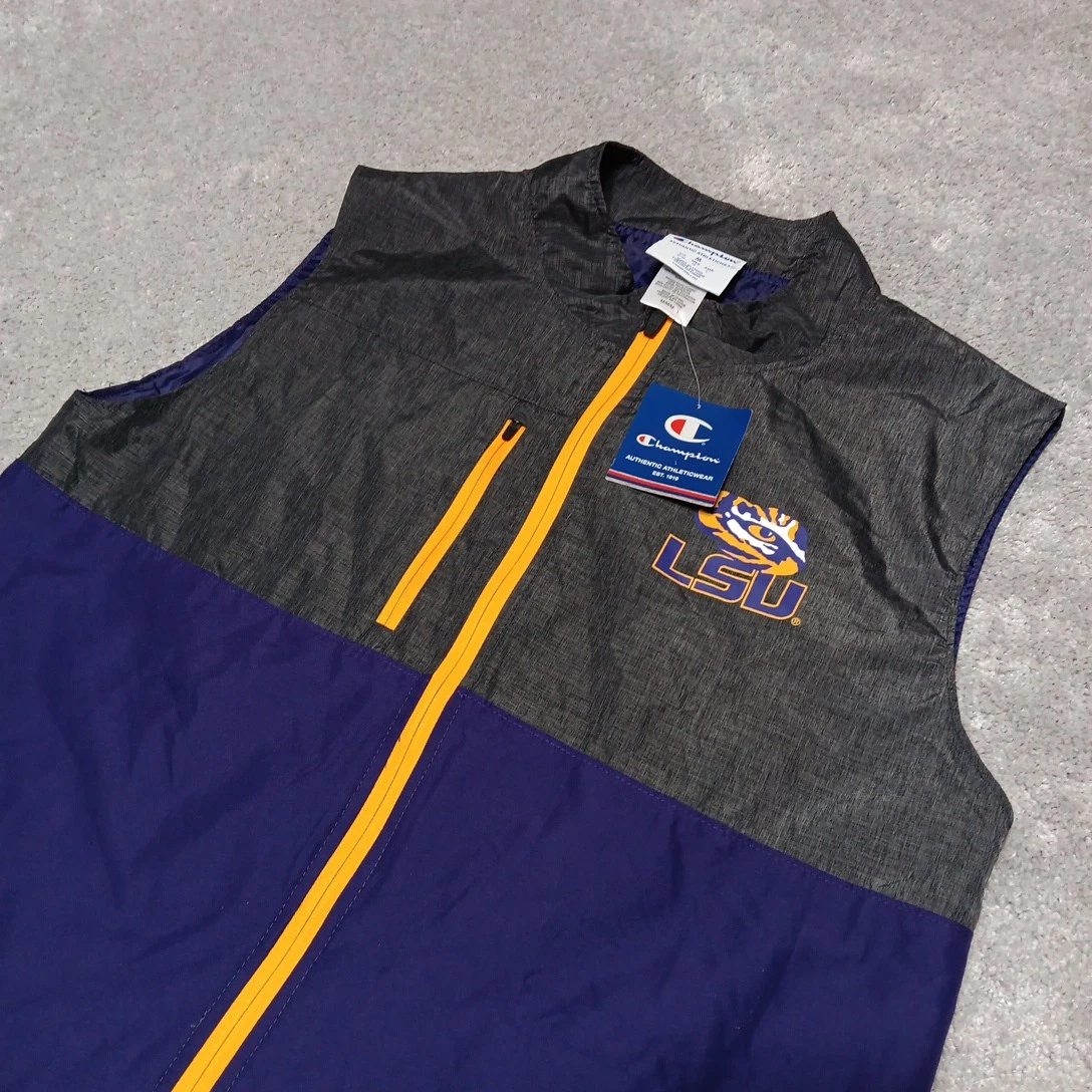 NWT Champion Vest Jacket Mens Med. LSU TIGERS NCAA Full Zip Windbreaker Pockets