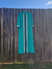 Vintage Comfy Green & White Velour Zip Up Front Housecoat w/ Pocket Made in USA