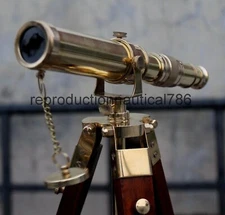 Telescope With Wooden Tripod Stand Nautical Vintage Solid Brass Navy Ship.