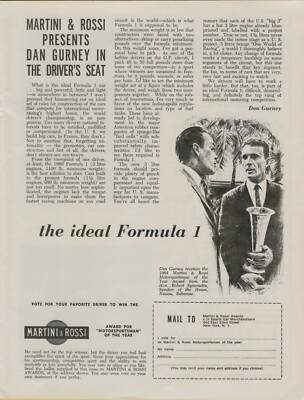 1965 Martini & Rossi Dan Gurney Motorsportman of the Year F1 Vintage Print Ad