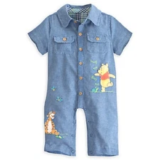 DISNEY STORE WINNIE POOH & TIGGER CHAMBRAY WOVEN ROMPER FOR BABY NWT ~ SO CUTE