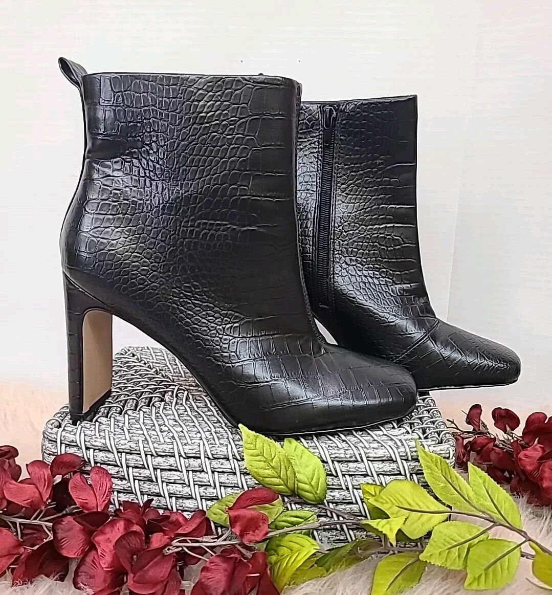 Express Women's Ankle Boots Size Black Crocodile Square Toe High Heels