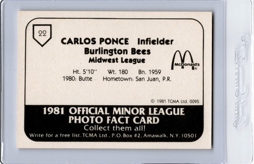 TCMA Burlington BEES #22 1981 CARLOS PONCE San Juan Puerto Rico - Imagen 2 de 2