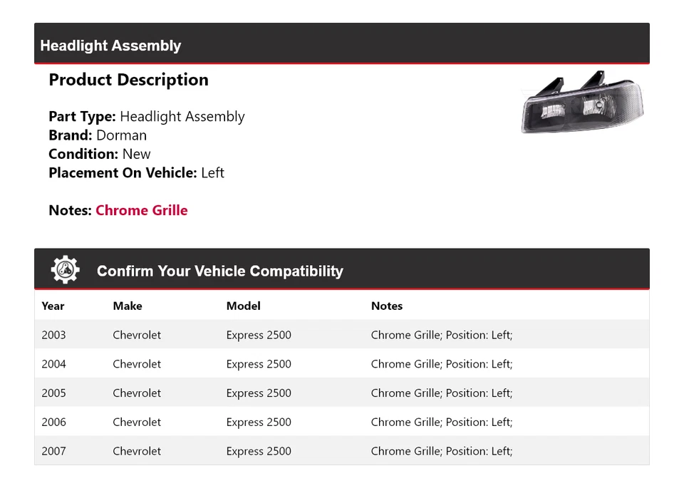 Conjunto de faros izquierdo Chevrolet Express 2500 Dorman 2003-2007 2004 2005 Foto 2 de 4