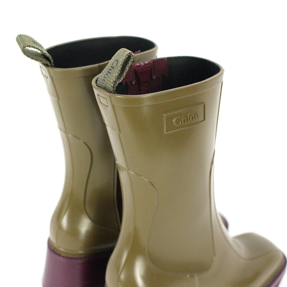 Chloe Betty Two Tone Santel Green Burgundy Rain Boots 36 Rubber Block Heel Shoes - Image 4 of 4