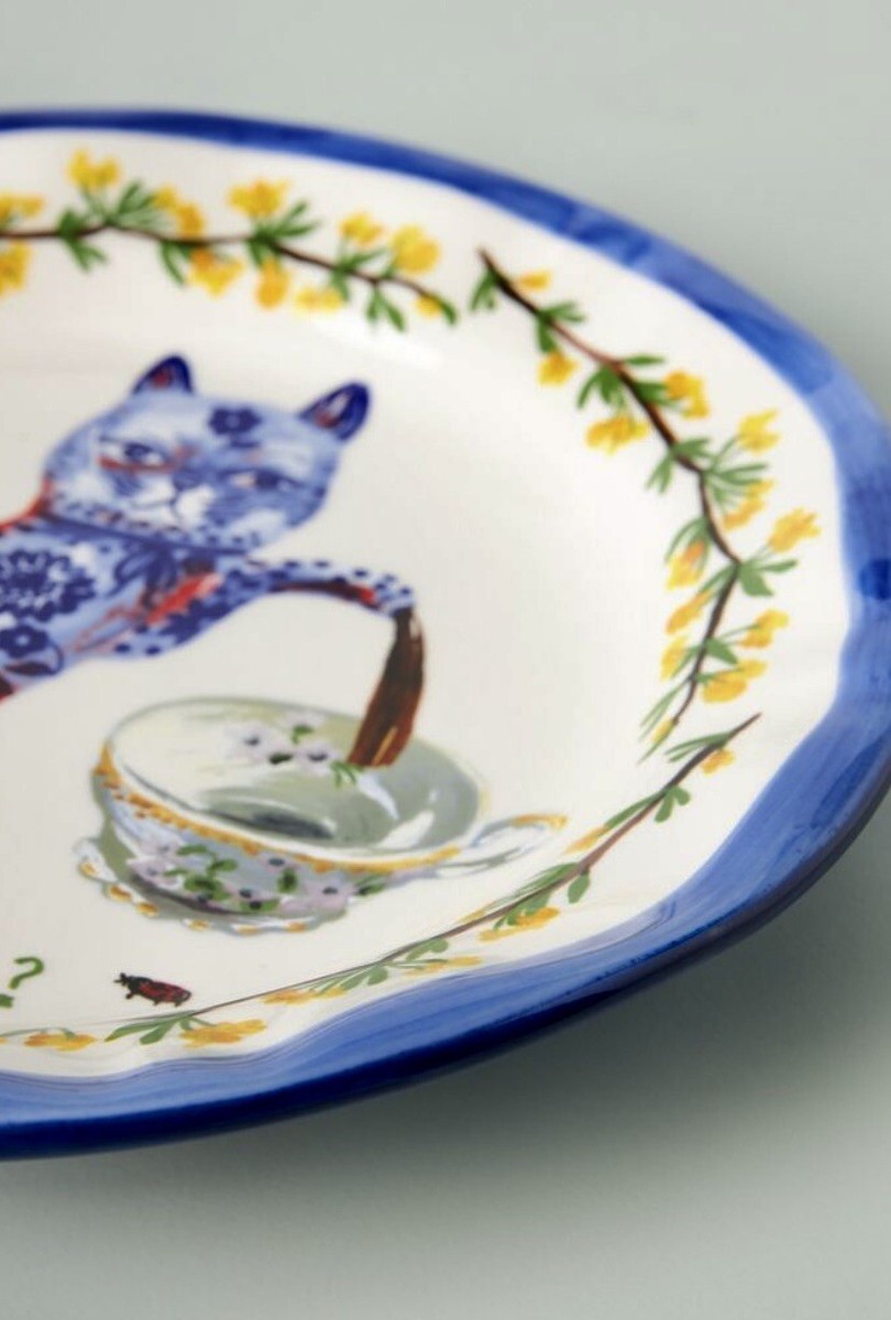 NEW ANTHROPOLOGIE DINNER PLATE CHARMANTE COLLECTION BLUE CAT TEA
