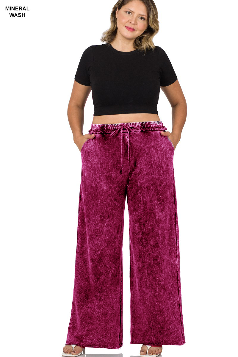 【PORTERNA】Uni Washa Trousers ZENANA Wide Leg Pants Mineral Wash Magenta French Terry Knit