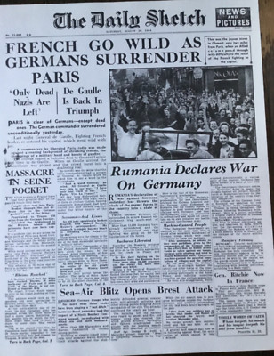 WK2 1944 ZEITUNG/PLAKAT 1 SEITE (2 SEITEN) ''FRANZOSEN WERDEN WILD ALS DEUTSCHE KAPITULATION''