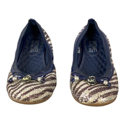 Michael Kors Ballet Flats KORY Sz MK Logo Stripes Sequins Tan