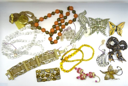 (x14) Vtg. Costume Jewelry Collection Rhinestone Necklace Brooch Silver - B5