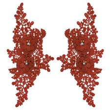 2 Pack 11x5 Inches 3D Flower Lace Applique with Rhinestone for Wedding, Red