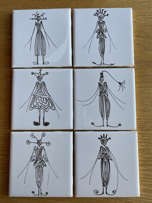 6 White Glossy 4''Ceramic Tiles. , With Whimsical  Black Sketches and Cork  Backs