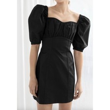 & Other Stories Black Cotton Puff Sleeve Mini Dress Milkmaid Cottagecore Size 6