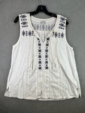 Lucky Brand Blouse Womens Large White Aztec Boho Floral Peasant Tassel Tie Top