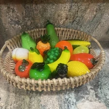 16 Assorted Murano Style Glass Blown Vegetables and fruit. Basket not included.