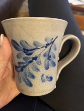 Rowe Pottery Works hand made stoneware Salt Glaze Cobalt coffee cup ~4”
