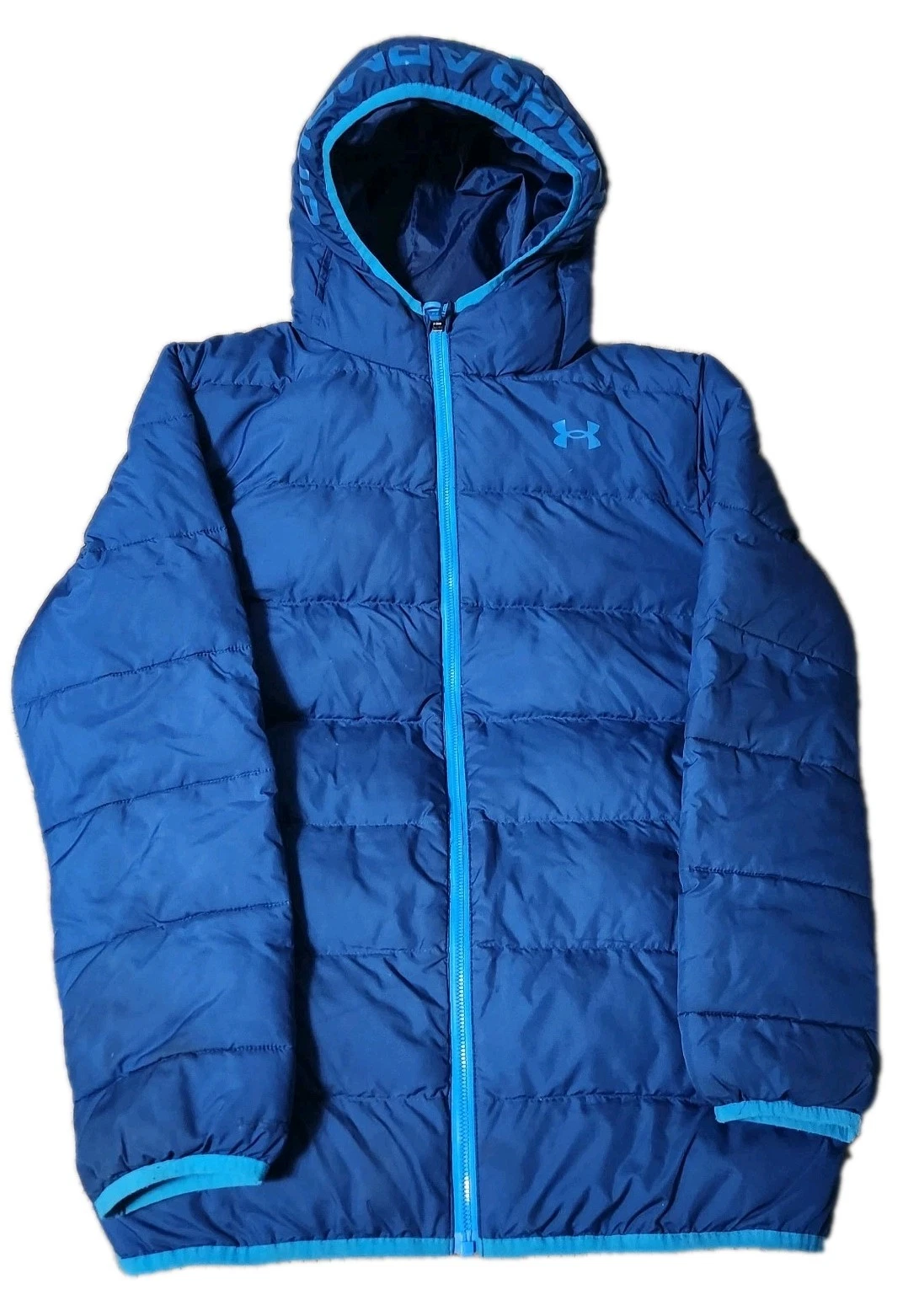 Under Armour ColdGear Hooded Puffer Jacket Unisex Blue Full Zip YXL Teens 27x21