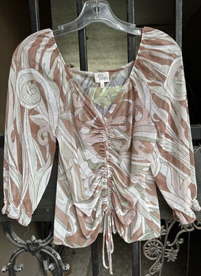 Womens AVA JAMES 3/4 Sleeve V Neck Ruche Front Sheer Floral Shirt Top Blouse SM
