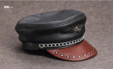 Women Men Real leather Military Service Cap Punk Beret Navy Cap Hats