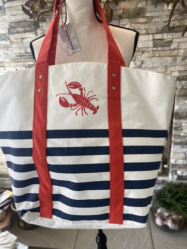 Tommy Bahama Tote Stripe Lobster Red Blue Travel Beach XL Nautical NWT - Picture 3 of 11