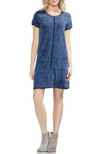 $130 Vince Camuto Women's Blue Scoop Neck Ink Print Casual T-Shirt Dress Size S