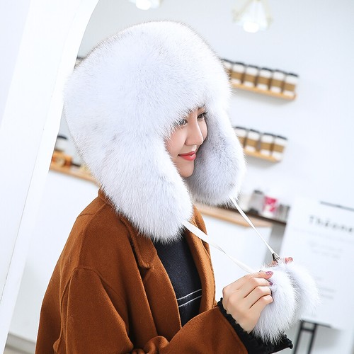 Women's Full Covered Real Fox Fur Hat Russian Ushanka Cossack Trapper Hunter Cap - Picture 4 of 5