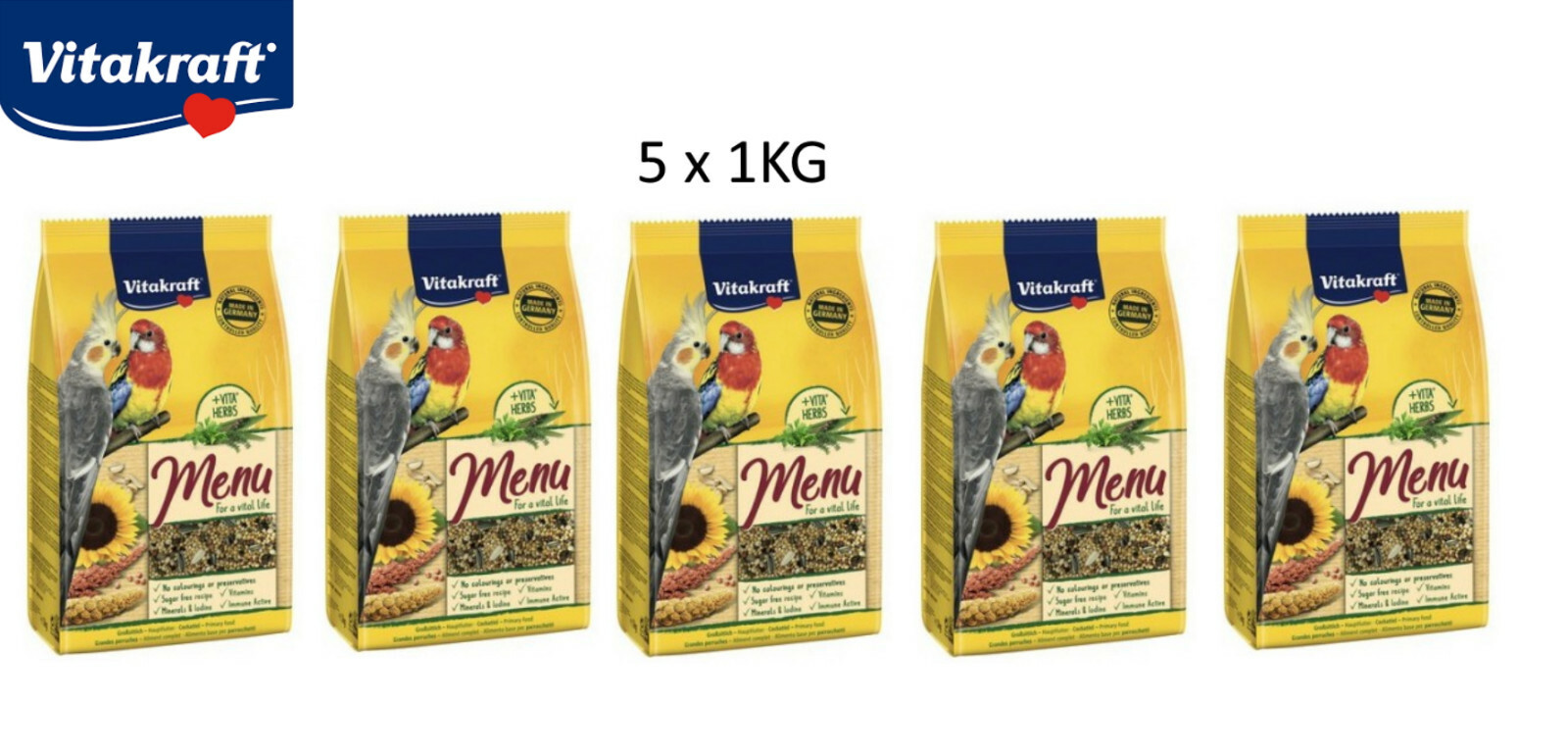 5 x VITAKRAFT MENU 1KG BAG COCKATIEL PARAKEET BIRD CAGE SEED FEED FOOD 21003
