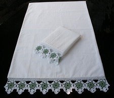 New White-green hand Crochet trim 100% Cotton White Pillow Cases Standard Pair