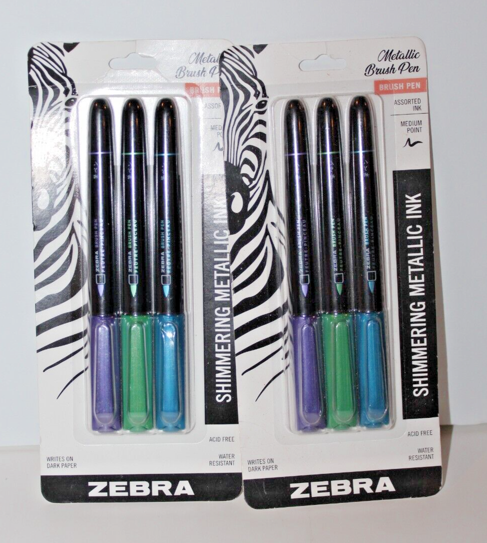 Zebra 2 pks Shimmering Metallic Ink Brush Pen Medium Point Assorted Color 6 Pens