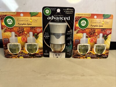 (4) Air Wick Pumpkin Spice Scented Oil Refills & (1) Advanced Plug In Warmer NEW