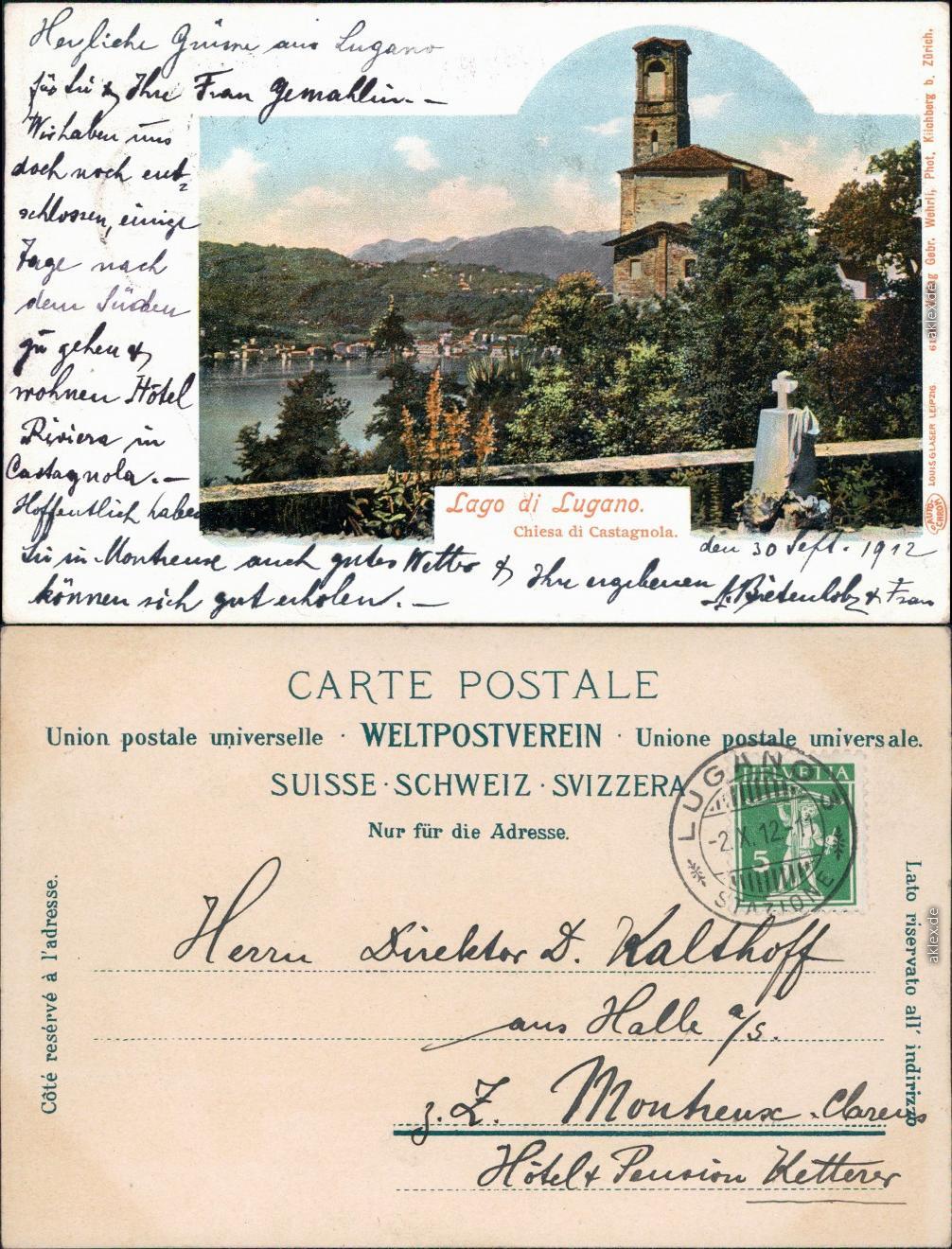 Tarjeta postal Lugano Chiesa di Castagnola - Lago di Lugano 1912