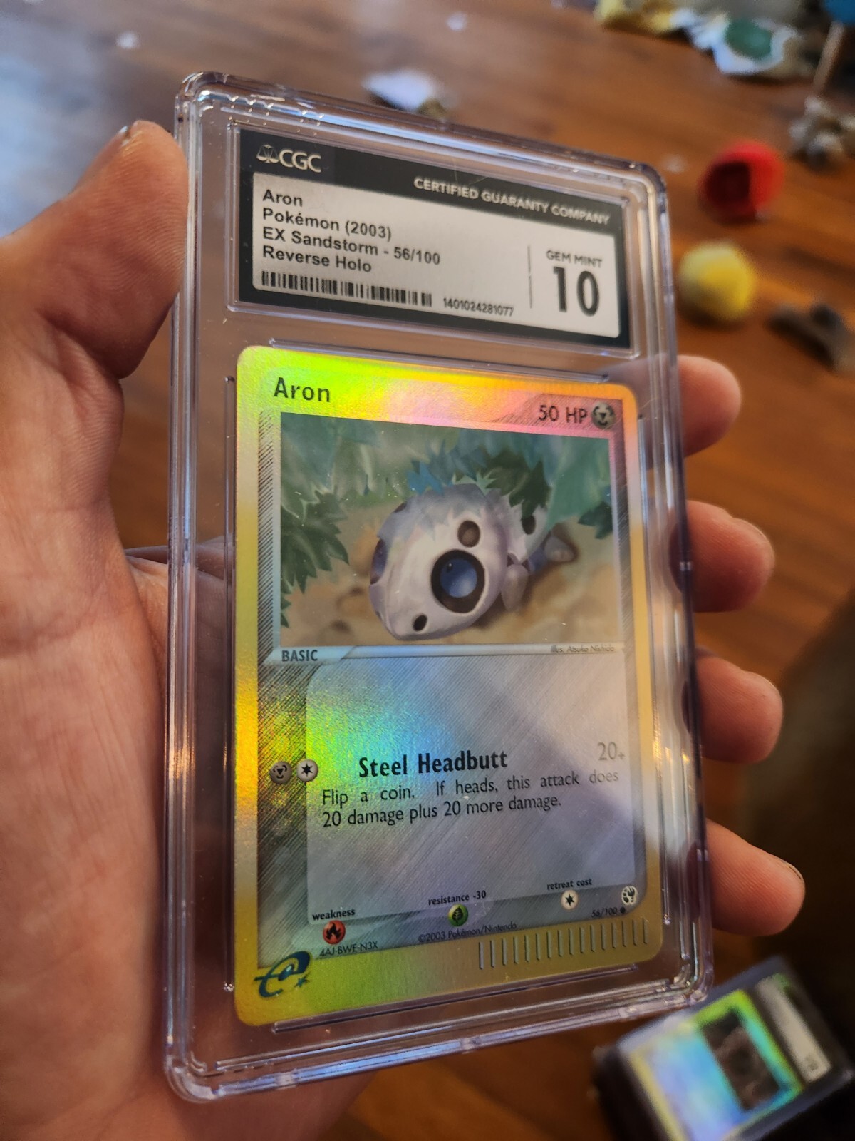(TOP POP 5) CGC 10 GEM MINT Aron Pokemon (2003) EX Sandstorm 56/100 Reverse Holo