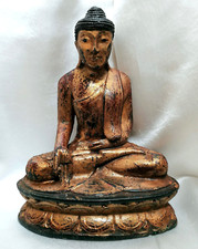 BELLISSIMO ANTICO BUDDHA IN LEGNO LACCATO E DORATO, BIRMANIA, XIX SECOLO.