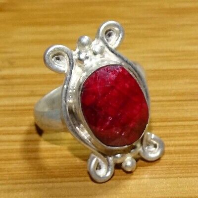Handmade Jewelry Red Dyed Ruby Sterling Silver Overlay Ring Size 7.5 US Designer 