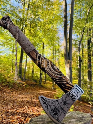 Vikings Axe - Hunting Camping Norse Hatchet Axe Carbon Steel Blade with Ashwood