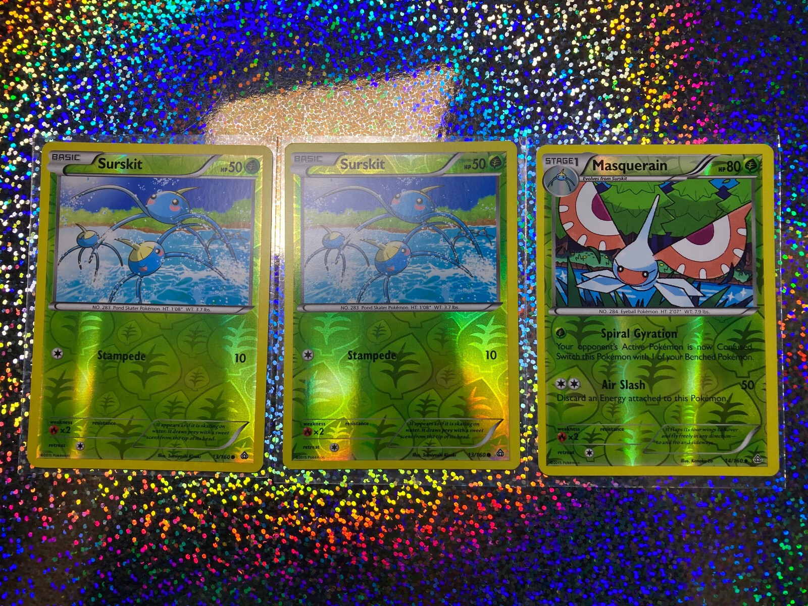 Pokemon TCG Primal Clash Reverse Holo: 14/160 Masquerain; 13/160 Surskit (x2)